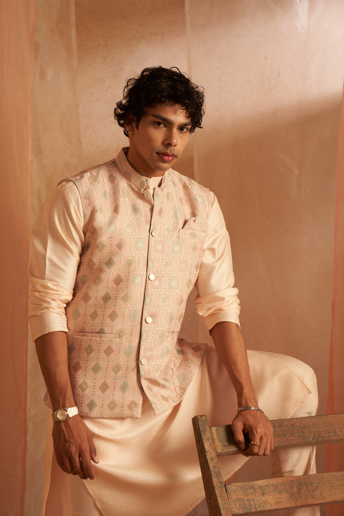 Peach Kurta Payjama with Nehru Jacket – Elegant Wedding Look