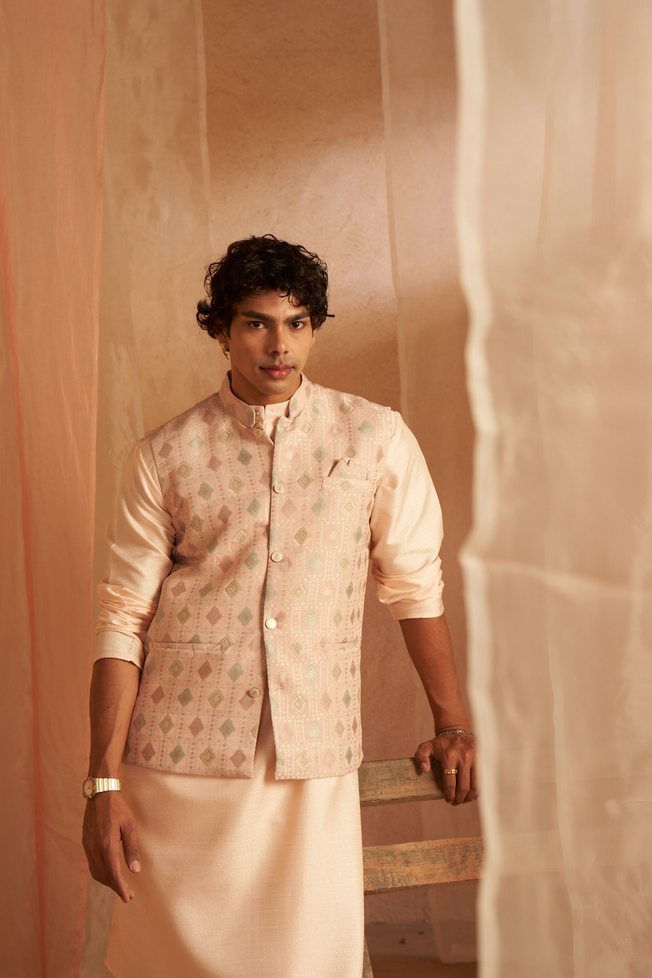 Peach Kurta Payjama with Nehru Jacket – Elegant Wedding Look