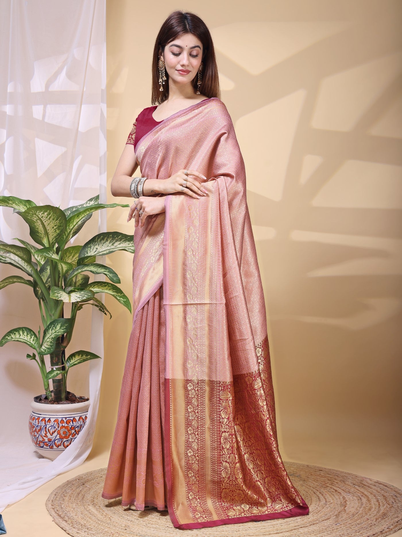 Peach Lichi Silk Saree With Classic Weaving