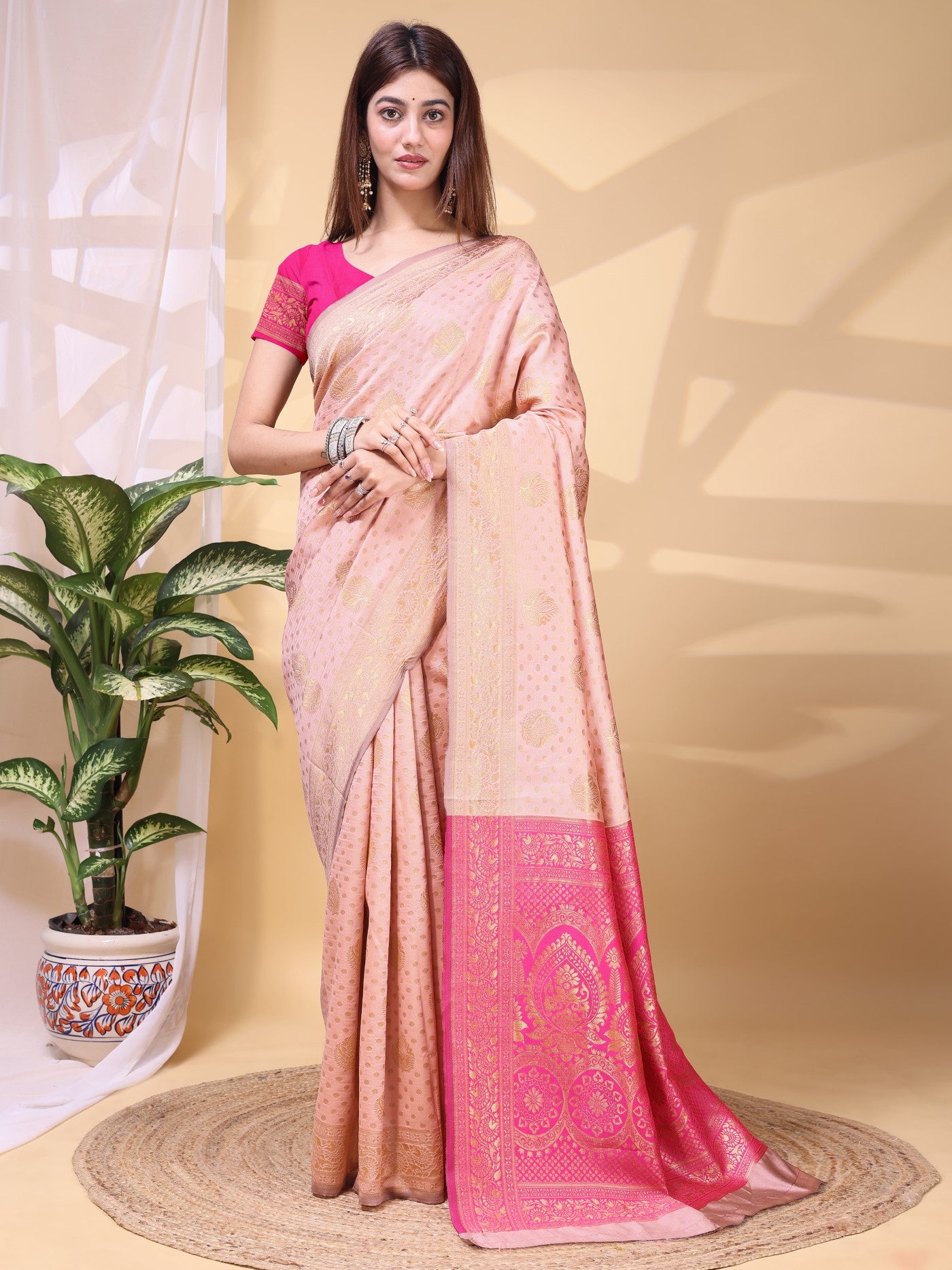 Peach Lichi Silk Saree With Premium Weaving