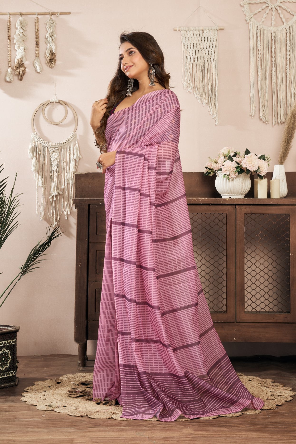 Peach Linen Ready To Wear Saree With Zari Border Printed