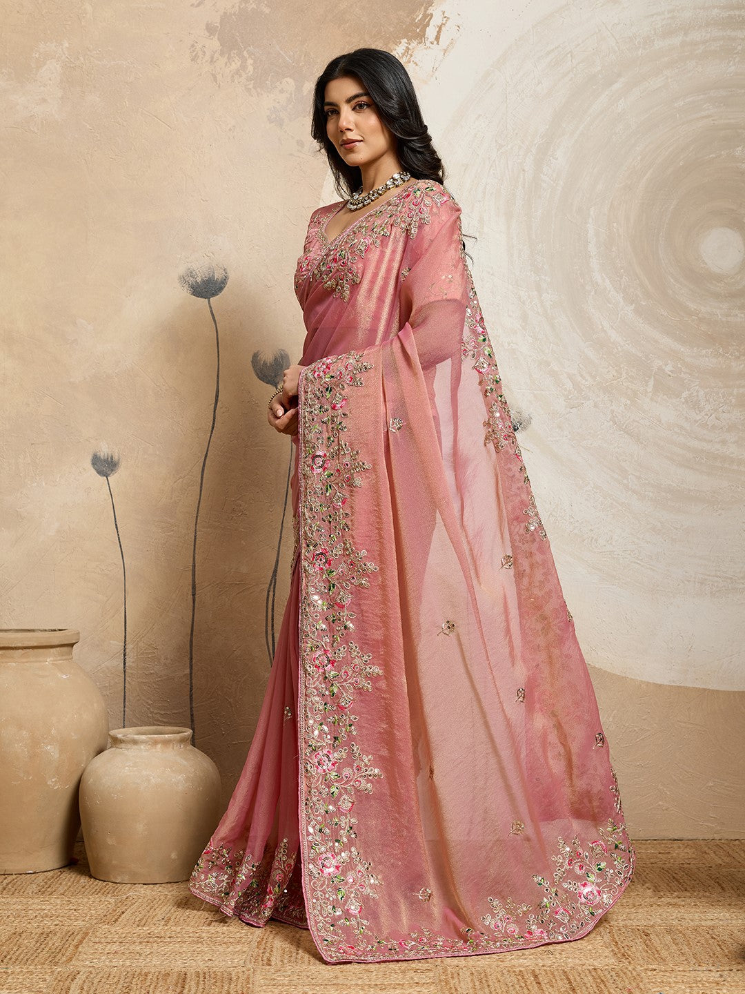 Peach Moss Chiffon Saree With Classic Embroidery