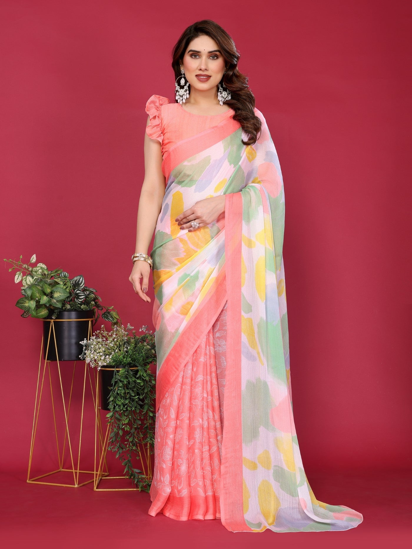Peach Moss Chiffon Saree With Elegant Printed Design