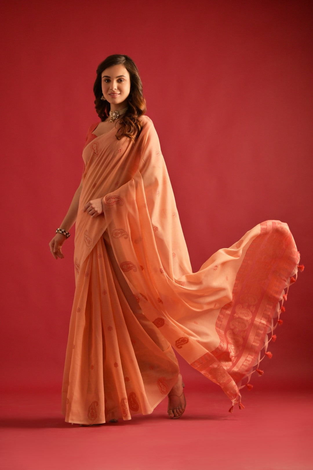Peach Mul Cotton Saree with Keri Pallu and Butti Weaves