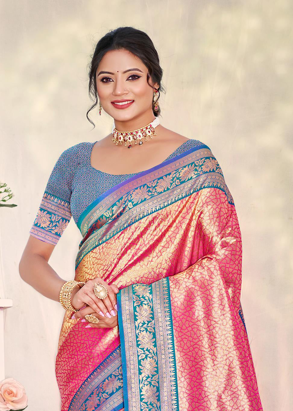 Peach Multi Color Kanjivaram Silk Saree With Classic Drape and Refined Beauty
