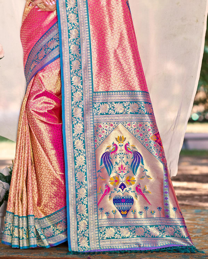 Peach Multi Color Kanjivaram Silk Saree With Classic Drape and Refined Beauty
