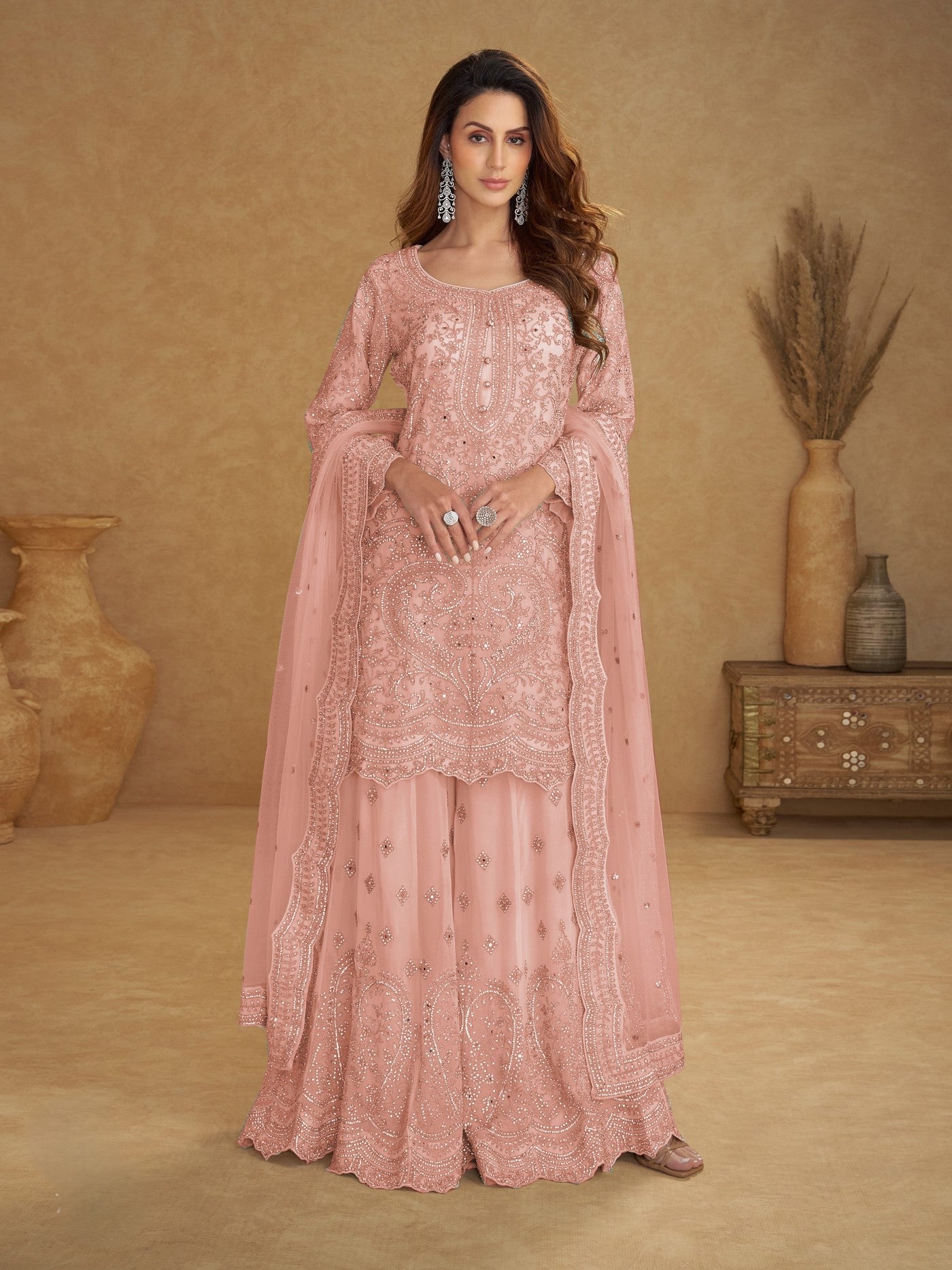 Peach Net Designer Suit Set With Intricate Embroidery