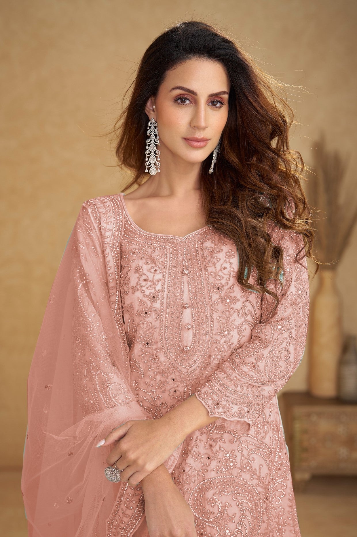 Peach Net Designer Suit Set With Intricate Embroidery