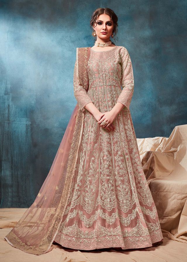 Peach Net Embroidered Anarkali Suits