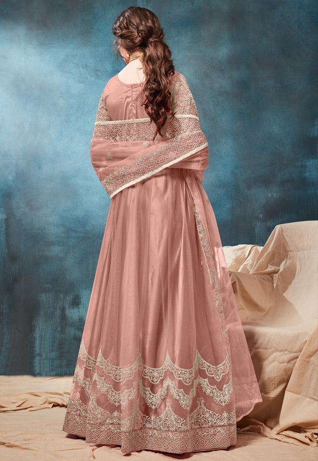 Peach Net Embroidered Anarkali Suits