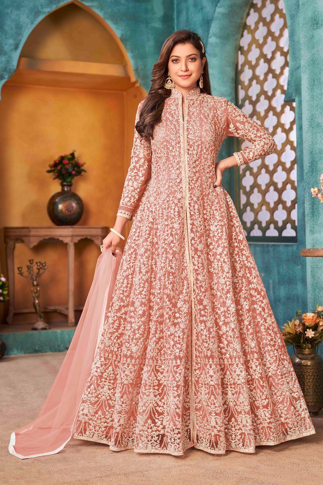 Peach Net Heavy Thread Embroidery With Sequins Work Anarkali Suits