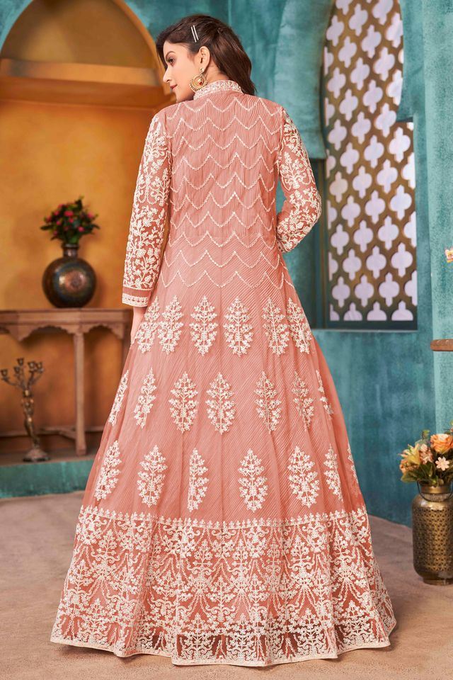 Peach Net Heavy Thread Embroidery With Sequins Work Anarkali Suits
