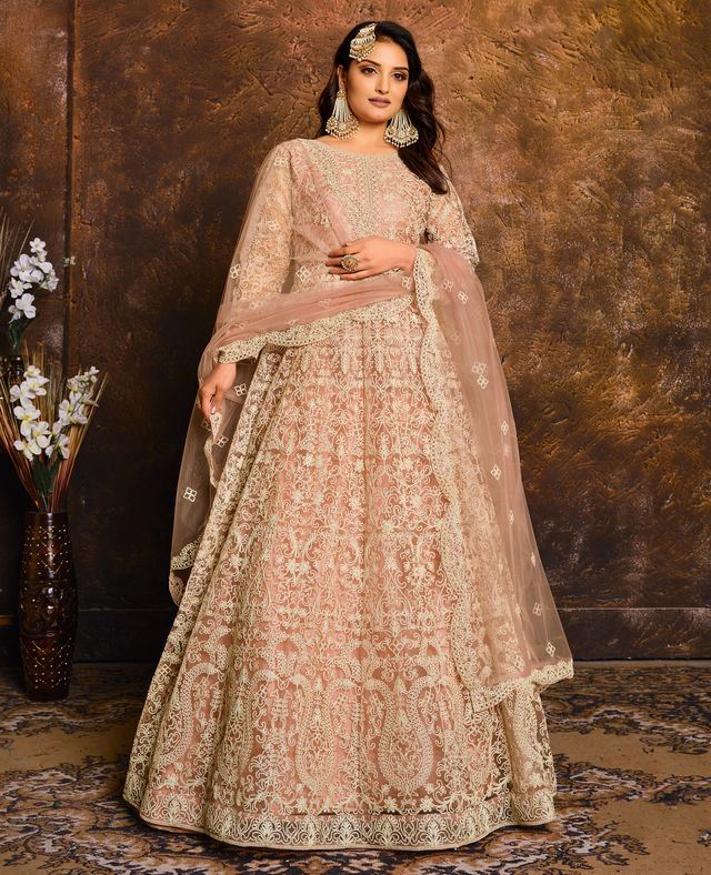 Peach Net Heavy Thread Embroidery Work Anarkali Suits