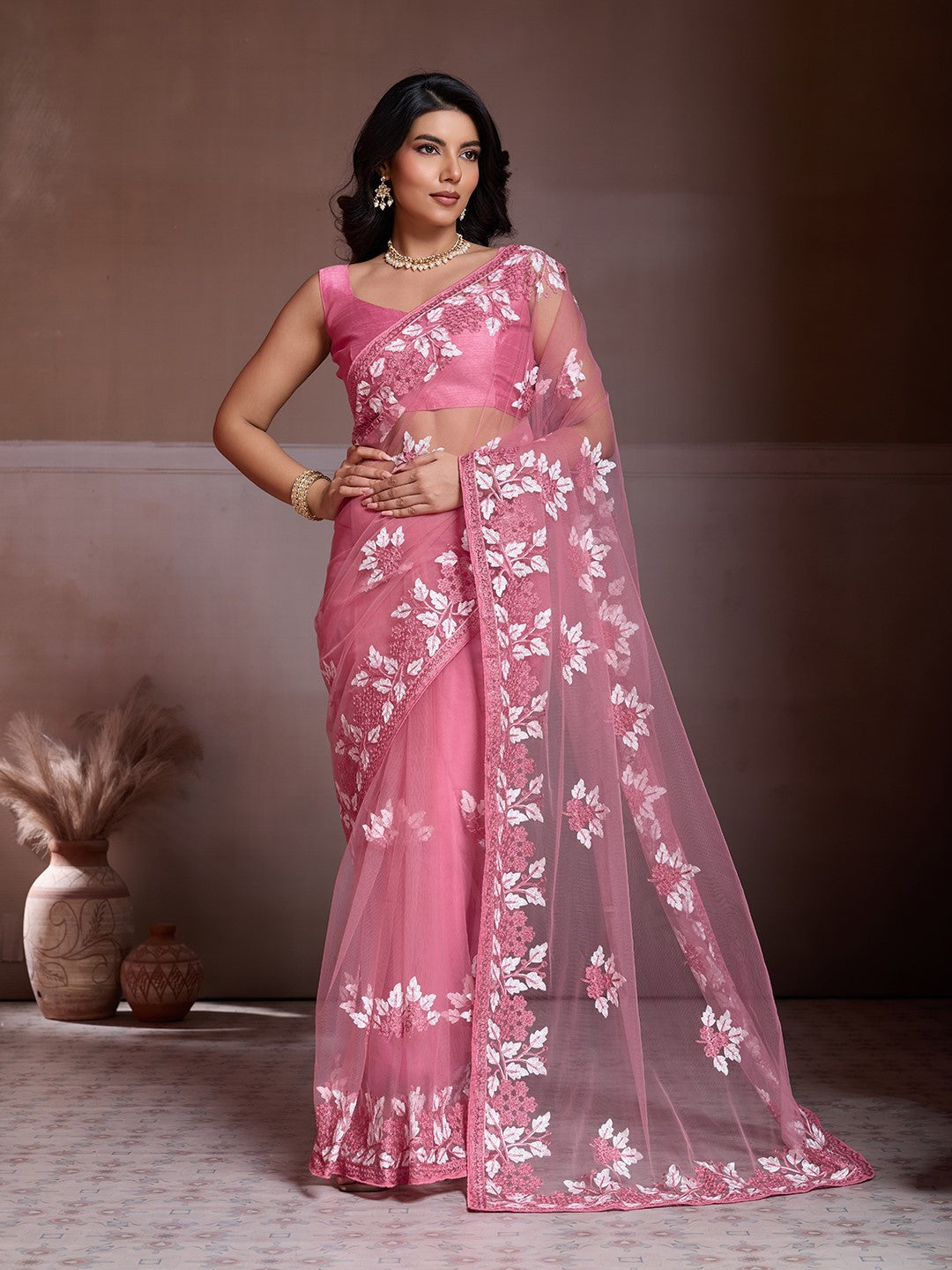 Peach Net Saree With Embroidery Premium Traditional Saree
