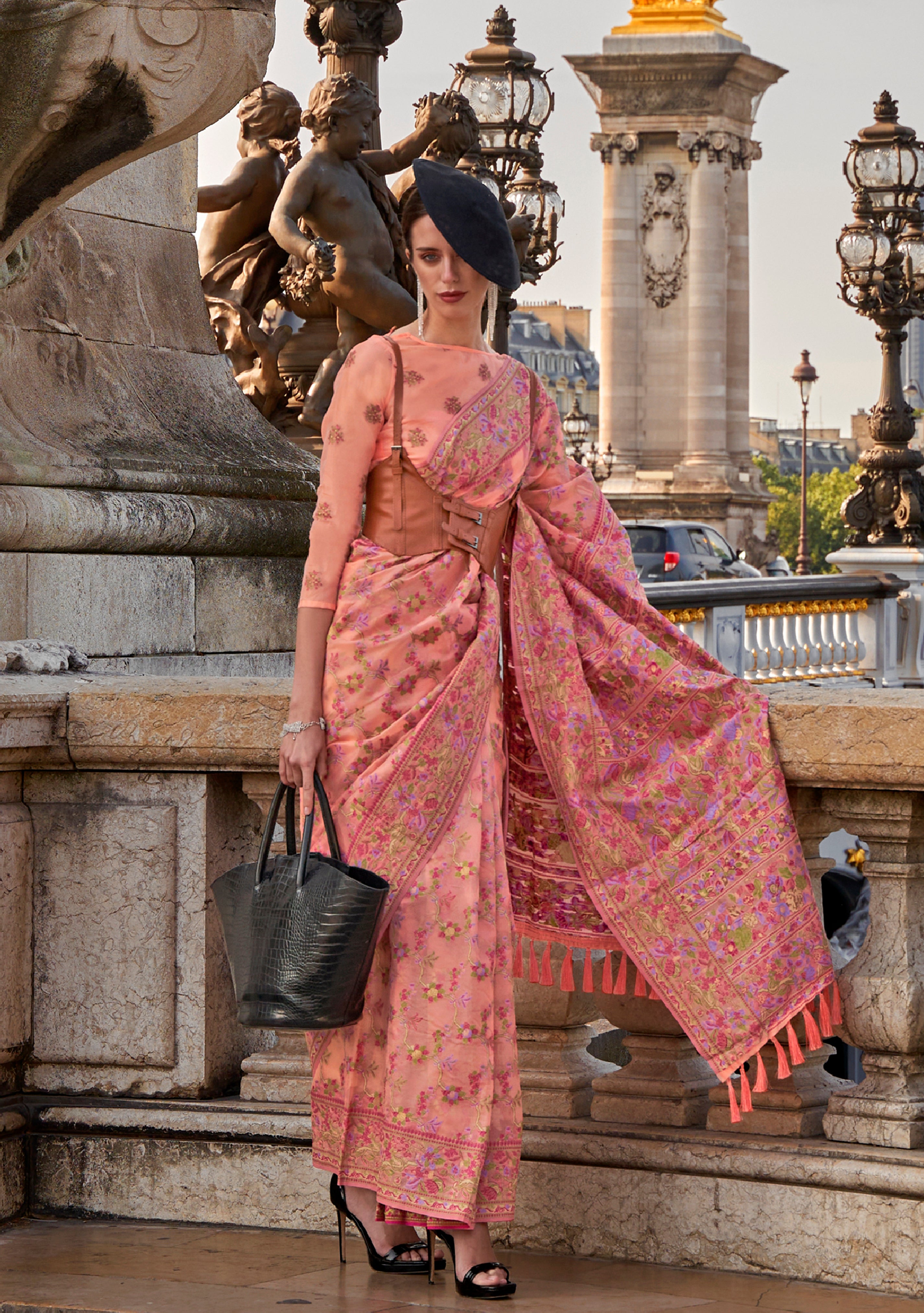 Peach Organza Handloom Saree With Woven Work