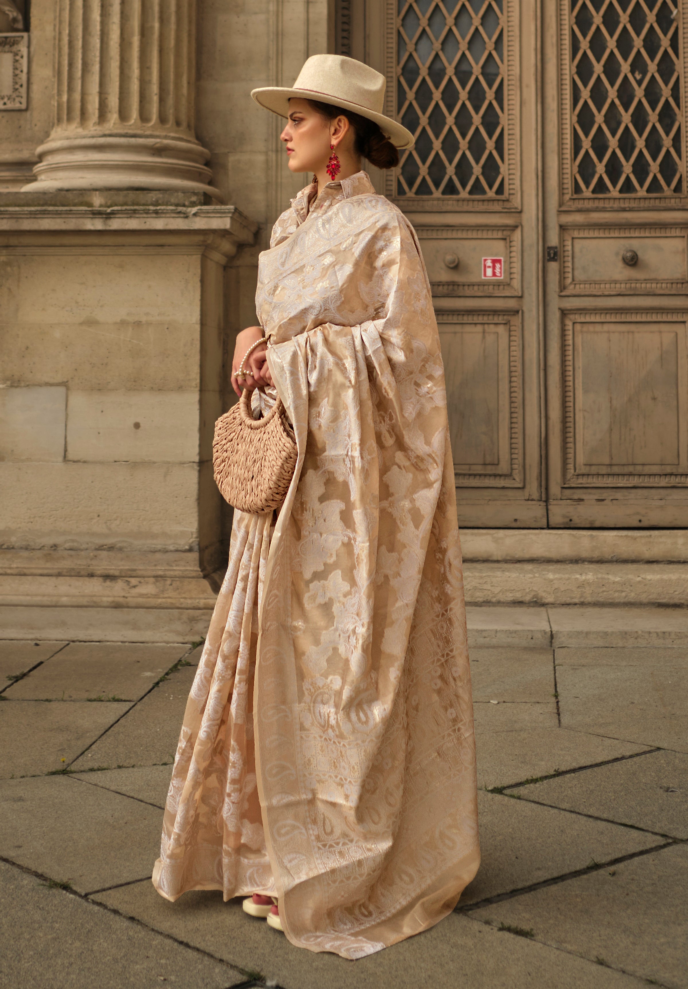 Peach Organza Saree With Jacquard Woven Chikankari Work
