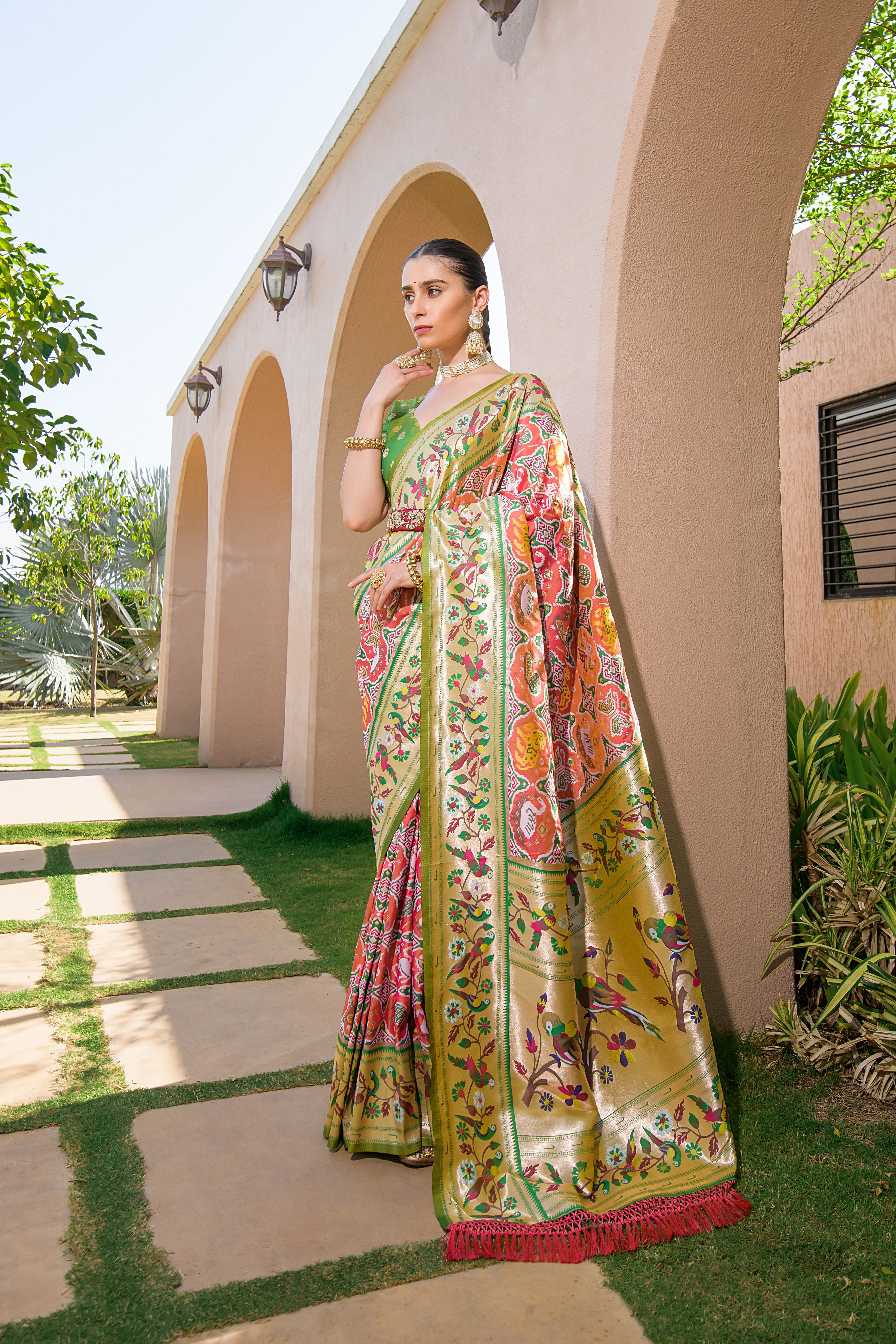 Peach Paithani Silk Saree with Meenakari Zari and Pallu
