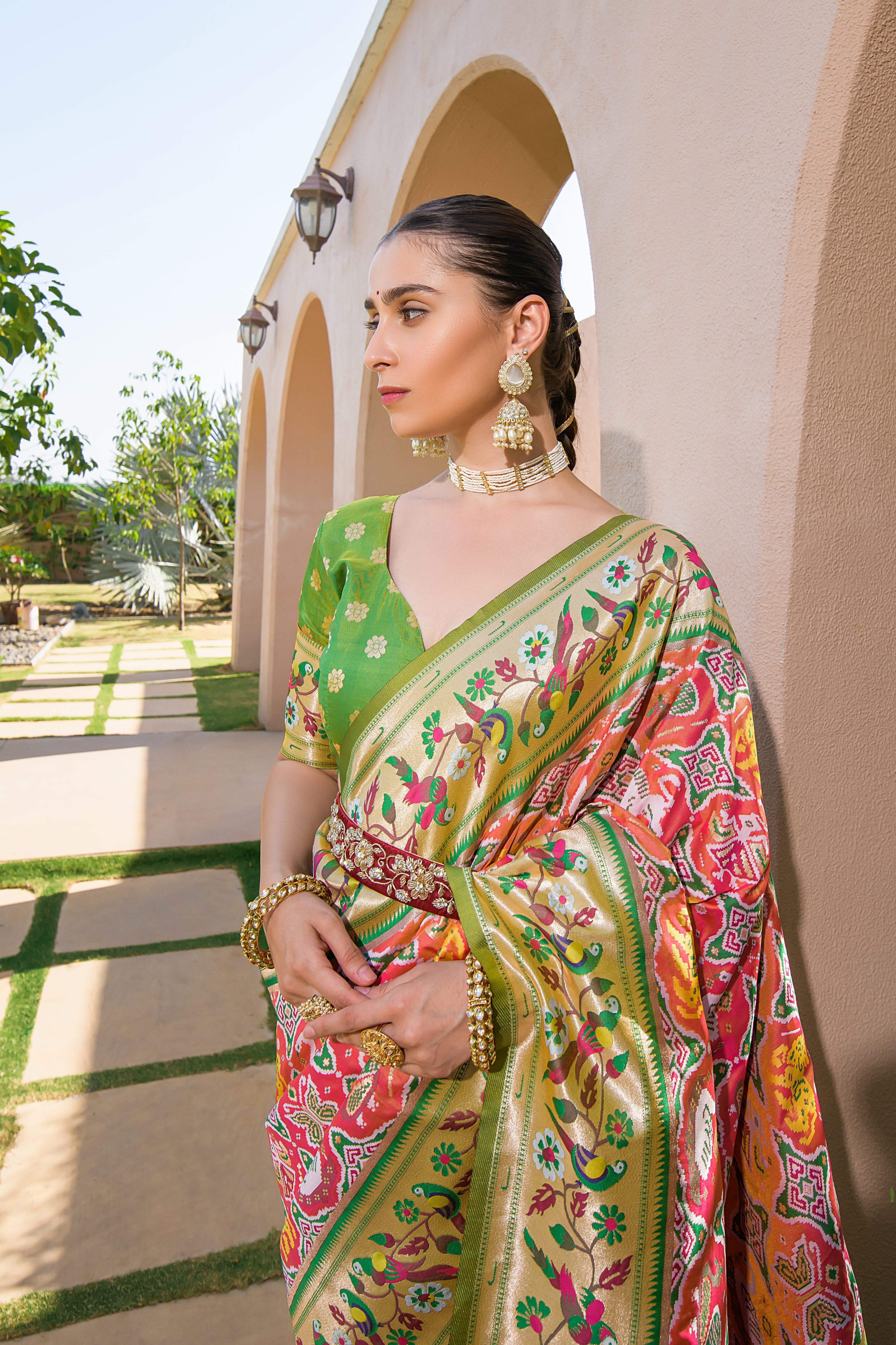 Peach Paithani Silk Saree with Meenakari Zari and Pallu