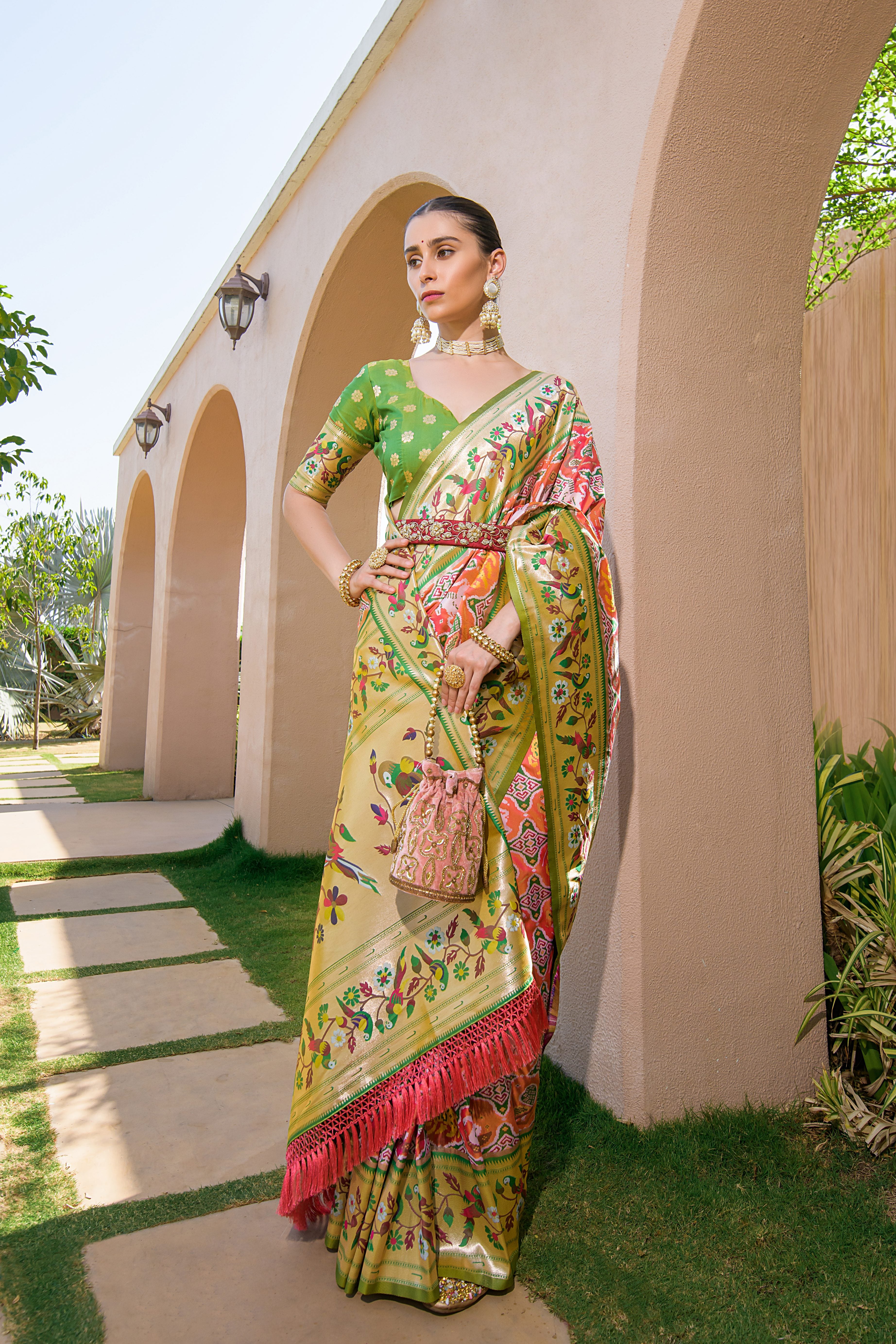 Peach Paithani Silk Saree with Meenakari Zari and Pallu