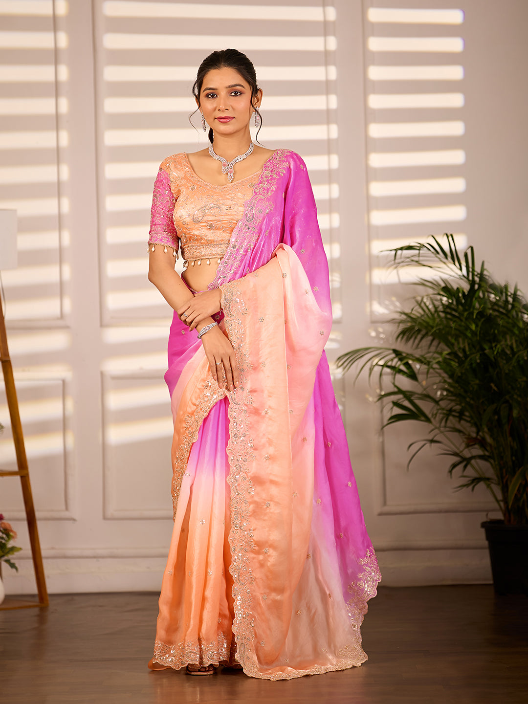 Peach Pink Satin Silk Designer Party Wear Saree