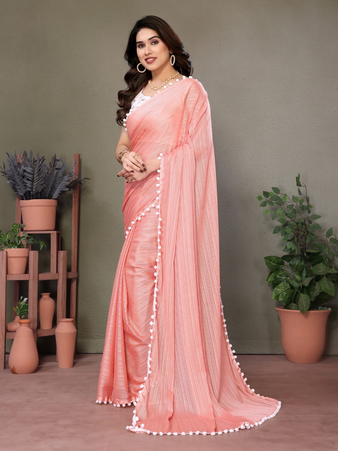 Peach Polyester Zari Saree With Plain Saree With Embroidery Work Blouse And Pum Pum Lace