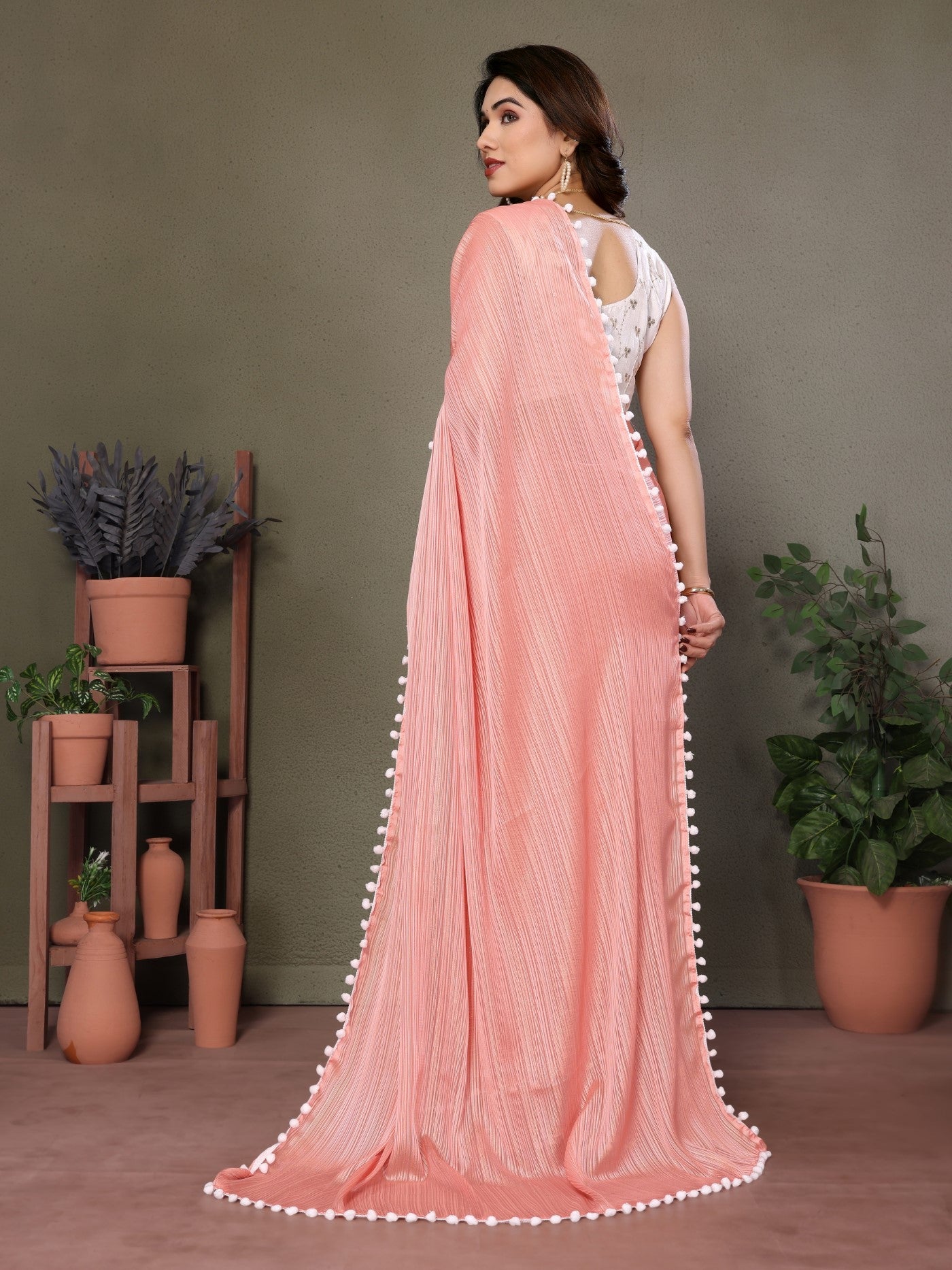 Peach Polyester Zari Saree With Plain Saree With Embroidery Work Blouse And Pum Pum Lace