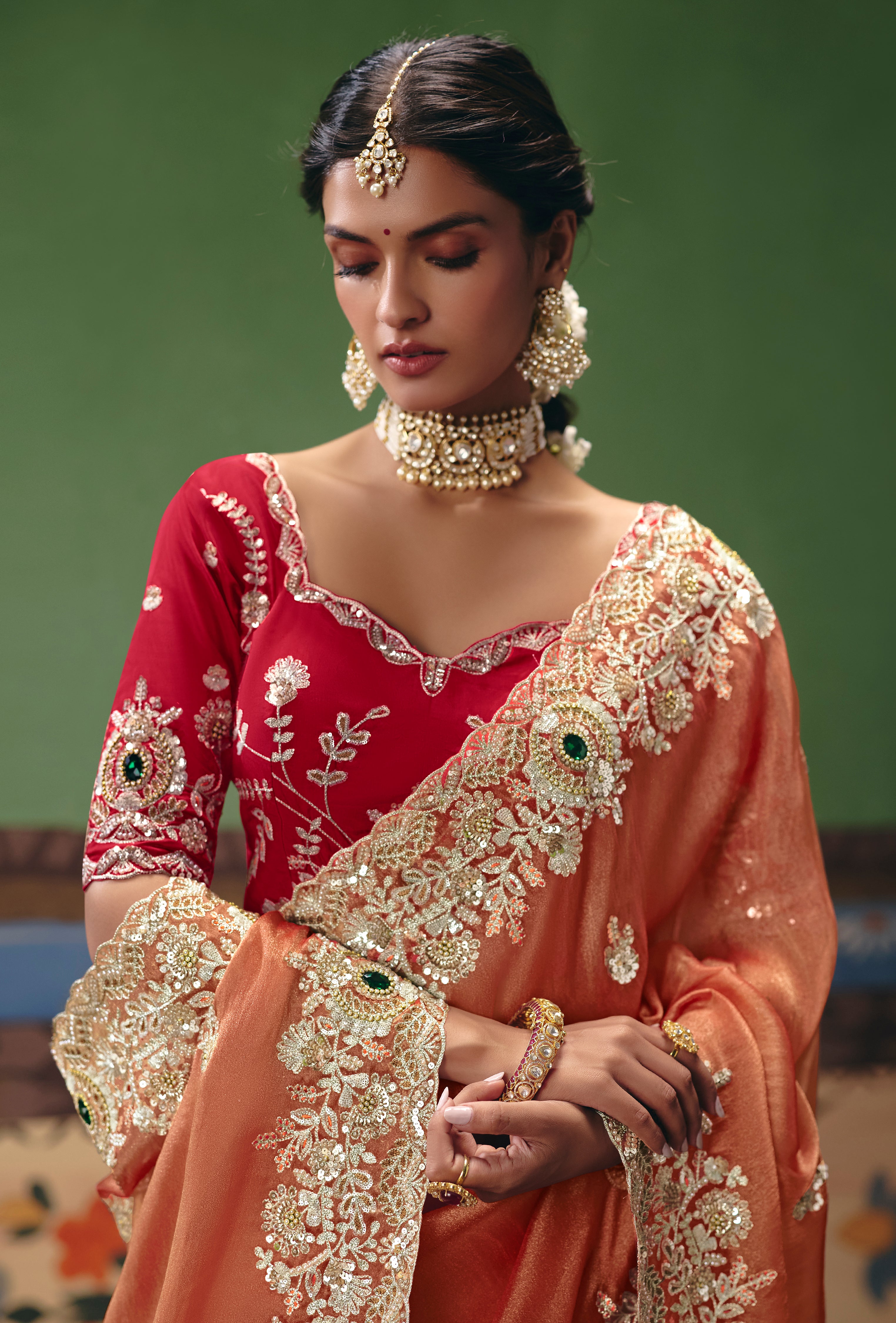 Peach Saree With Heavy Designer Embroidery, Sequince, Stone, Pearl With Beads Work