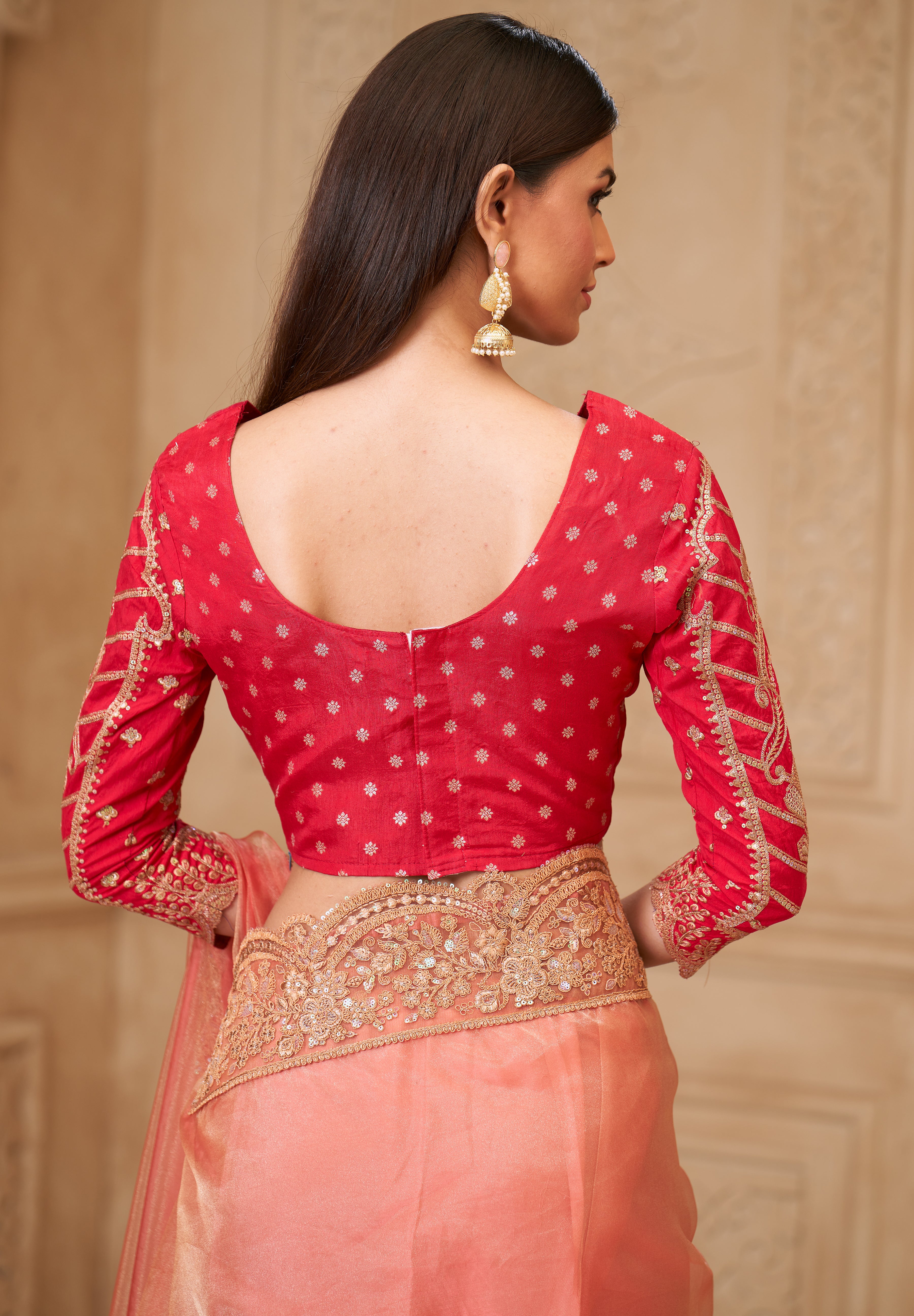 Peach Saree With Heavy Thread Embroidery Sequins Border Work With Embroidery Blouse