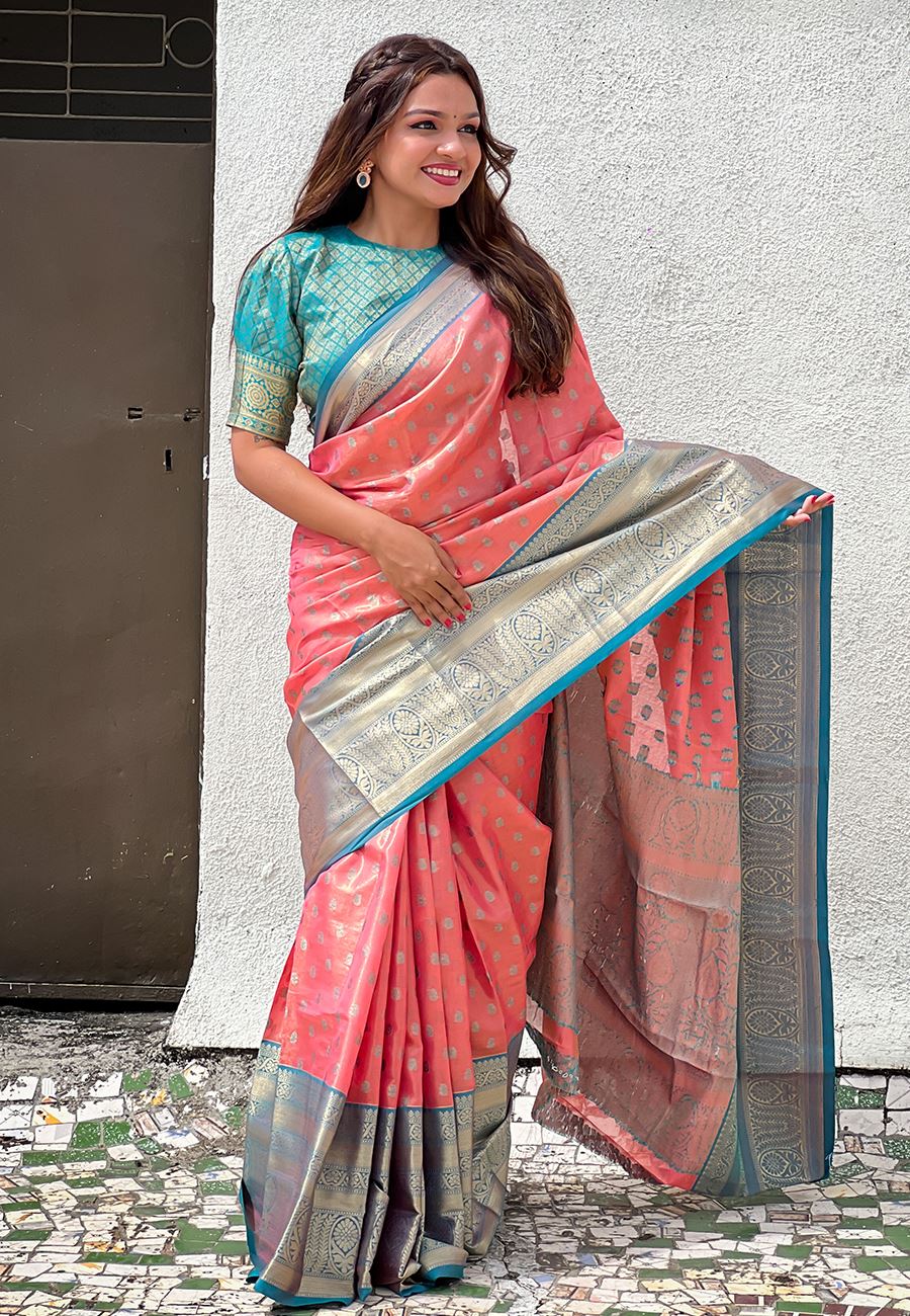Peach Silk Blend South Indian Kanchipuram Saree