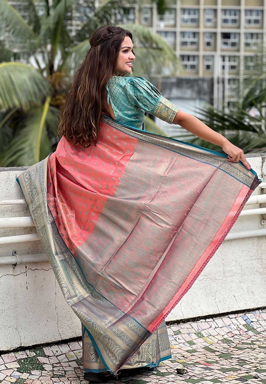 Peach Silk Blend South Indian Kanchipuram Saree