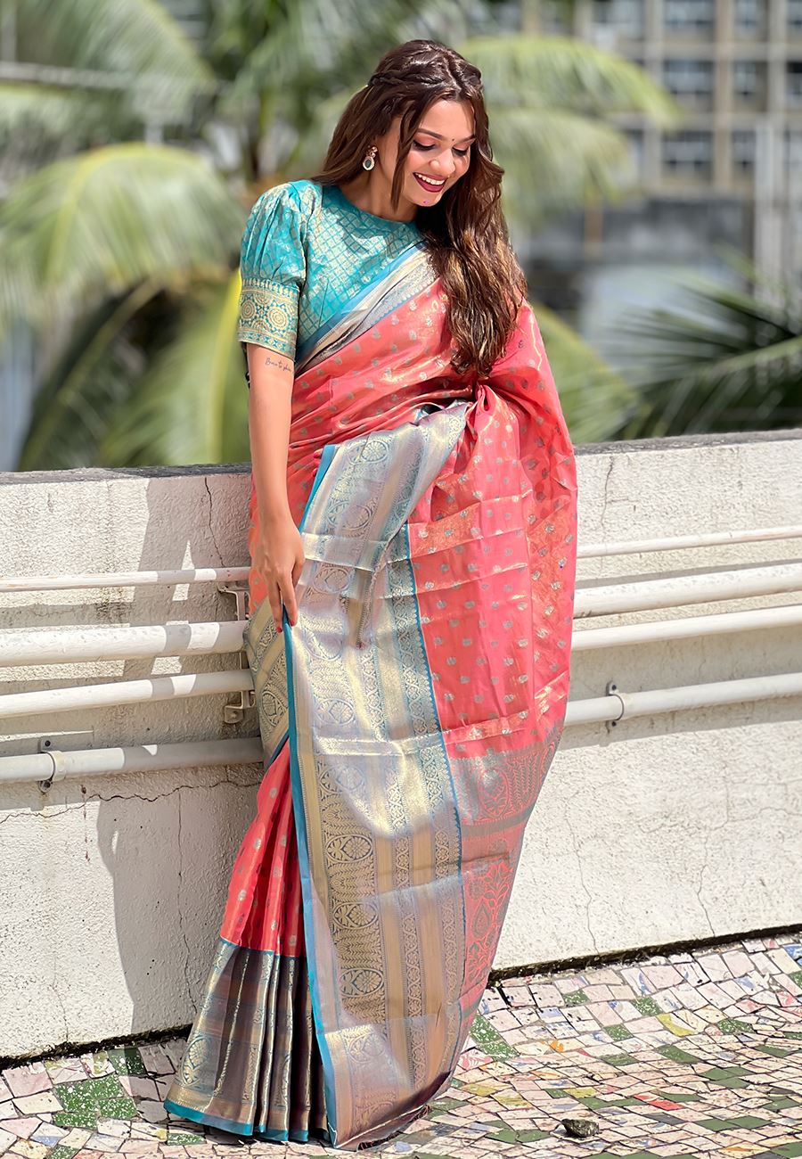 Peach Silk Blend South Indian Kanchipuram Saree