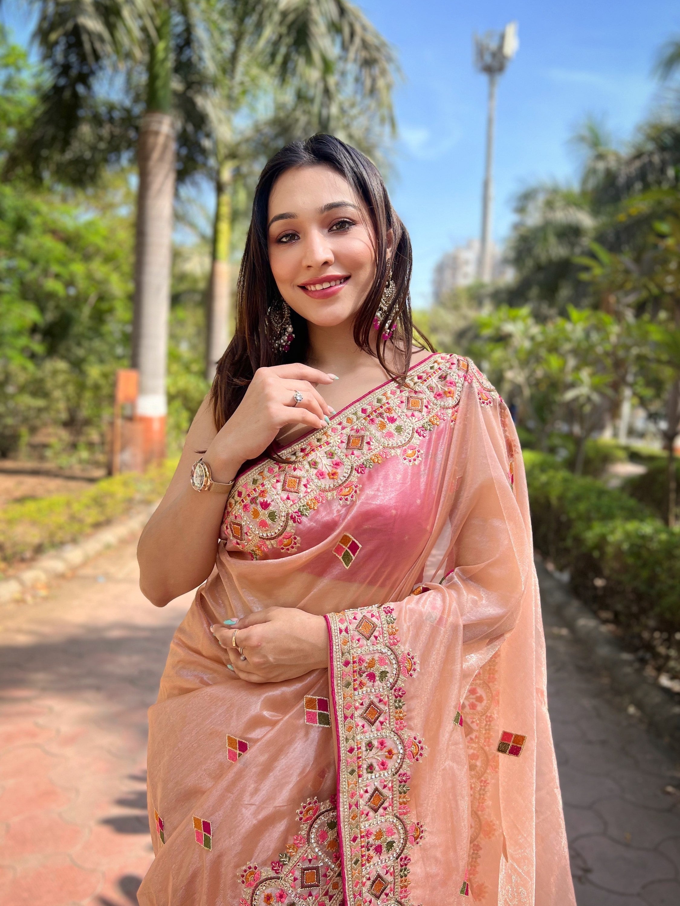 Peach Silver Tissue Silk Heavy Embroidery Saree For Beautiful Ceremonial Saree
