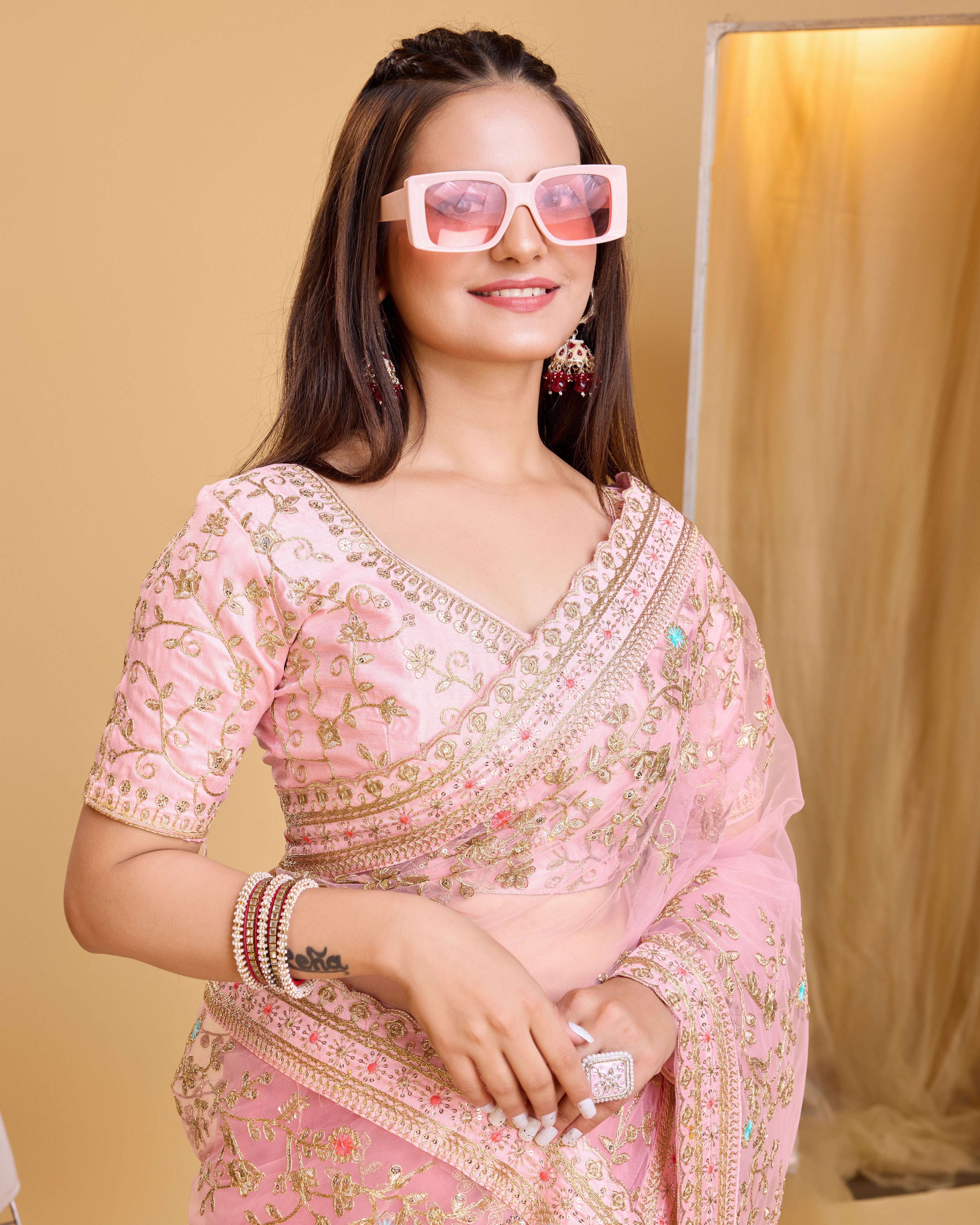 Peach Soft Net Designer Embroidery Work Bollywood Style Saree