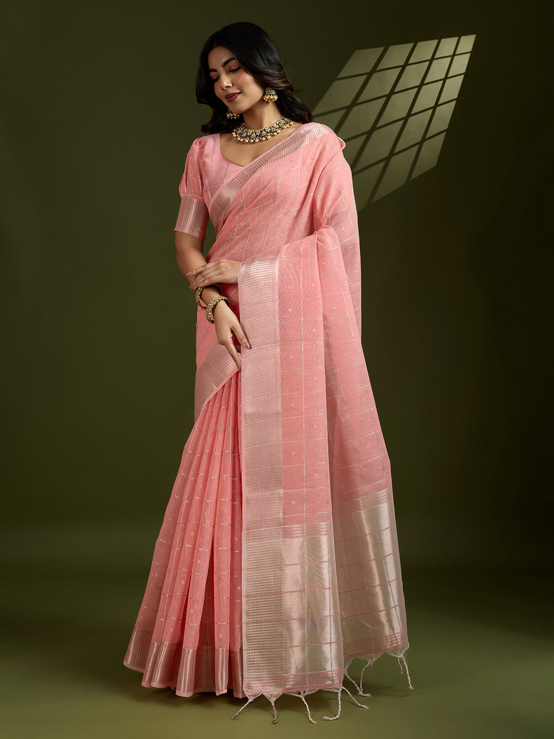 Peach Soft Silk Saree with Checks and Zari Pallu