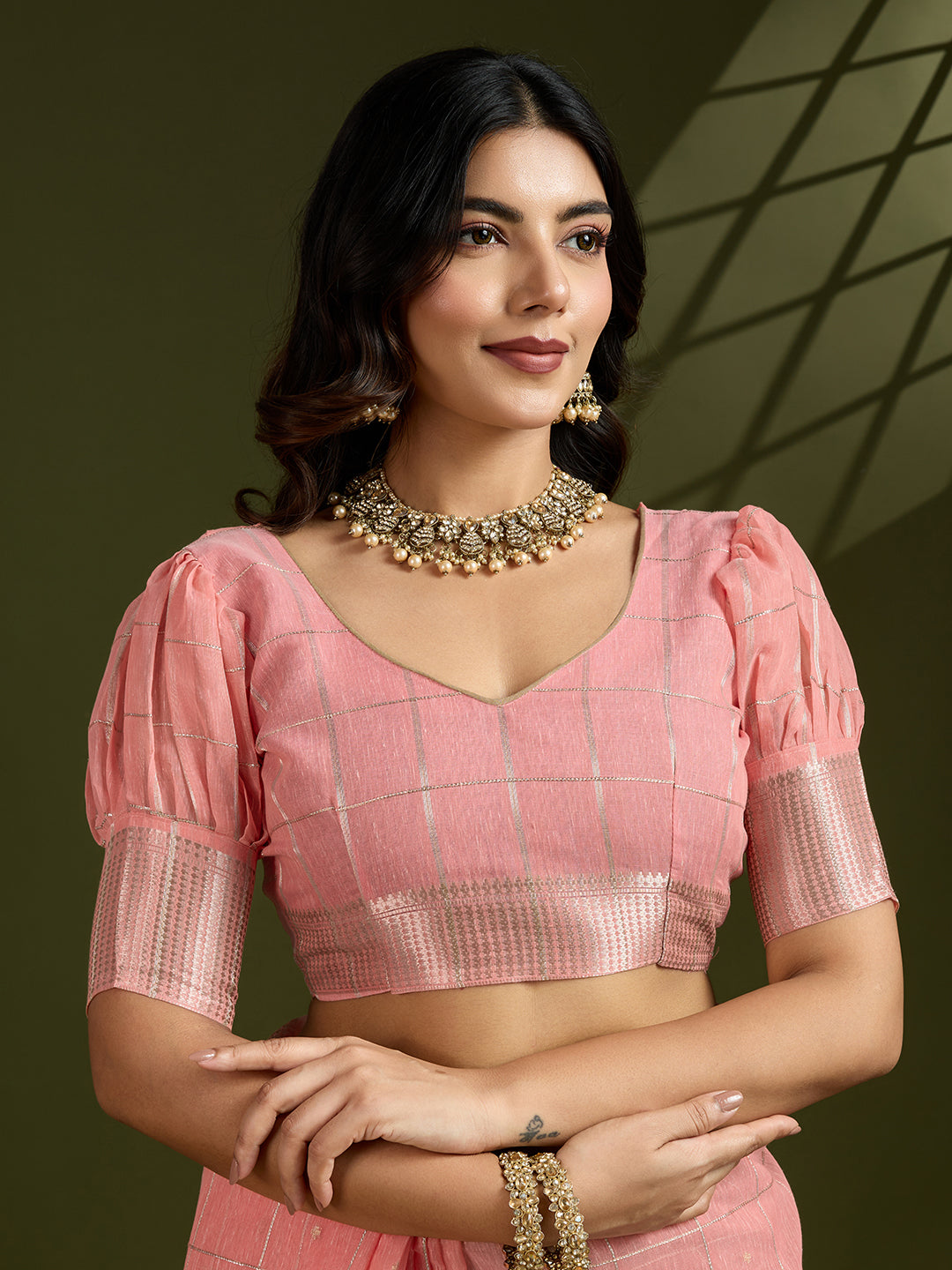 Peach Soft Silk Saree with Checks and Zari Pallu