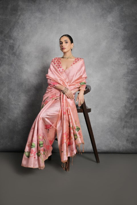 Peach Soft Tussar Silk Saree with Print and Small Zari Border