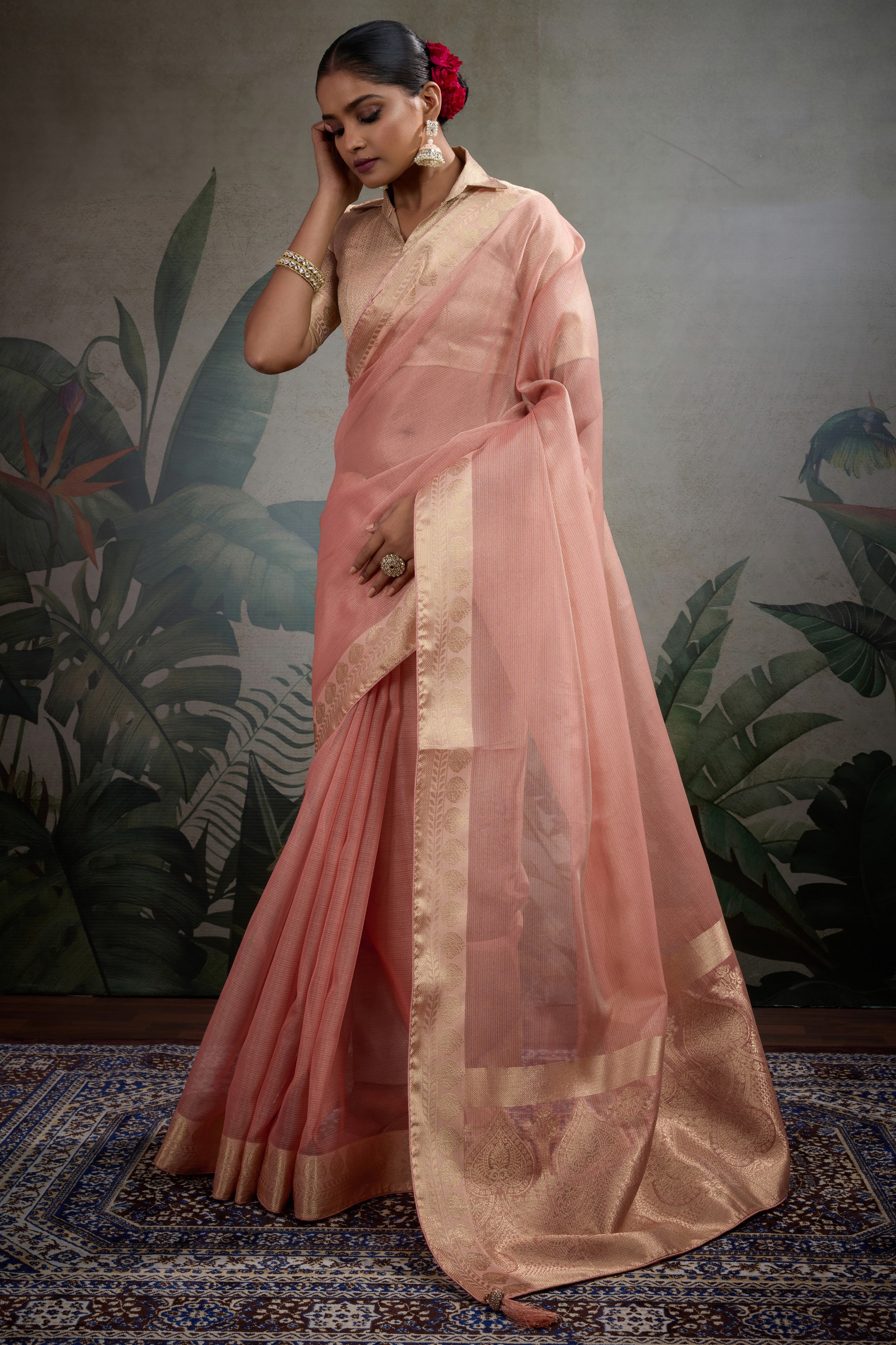 Peach Tissue Saree with Woven Patta Work