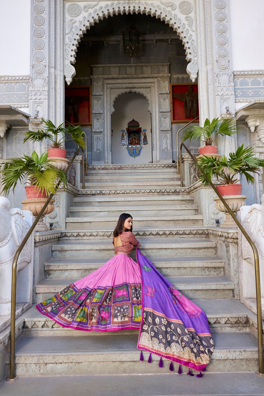Peach Tussar Silk Lehenga with Kalamkari Print and Elegant Foil Work Accents