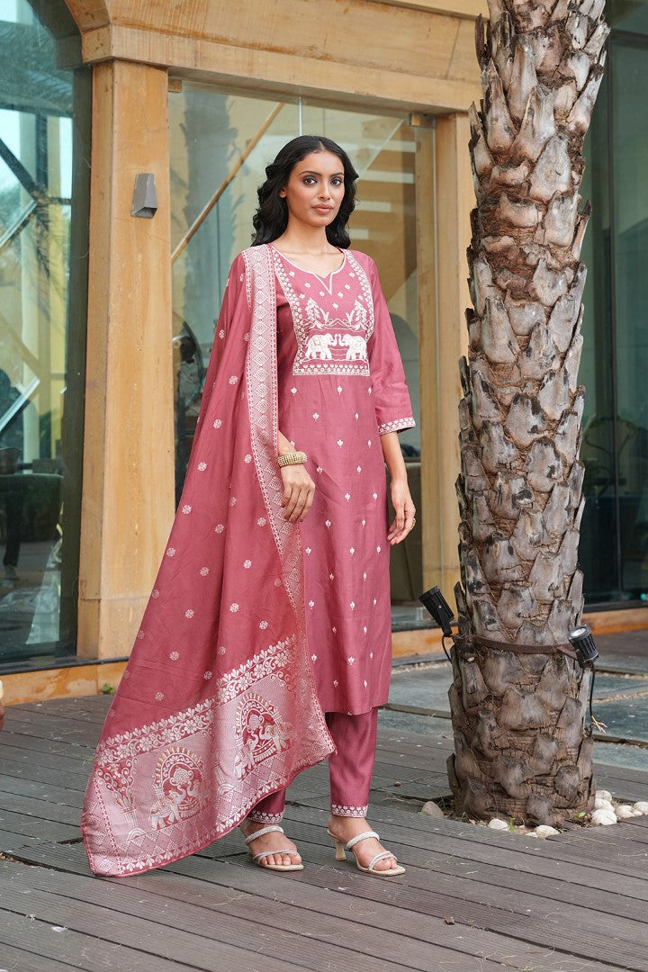 Peach Vatican Designer Suit Set With Handcrafted Embroidery