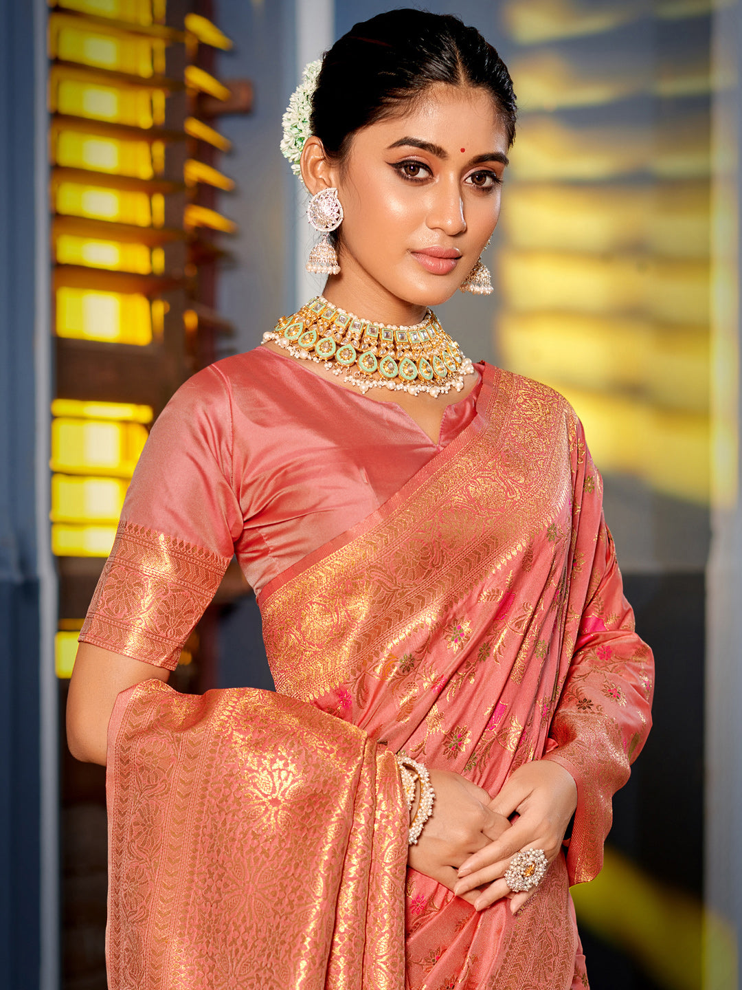 Peach Woven Jacquard Designer Banarasi Silk Saree For Ethnic Indian Looks