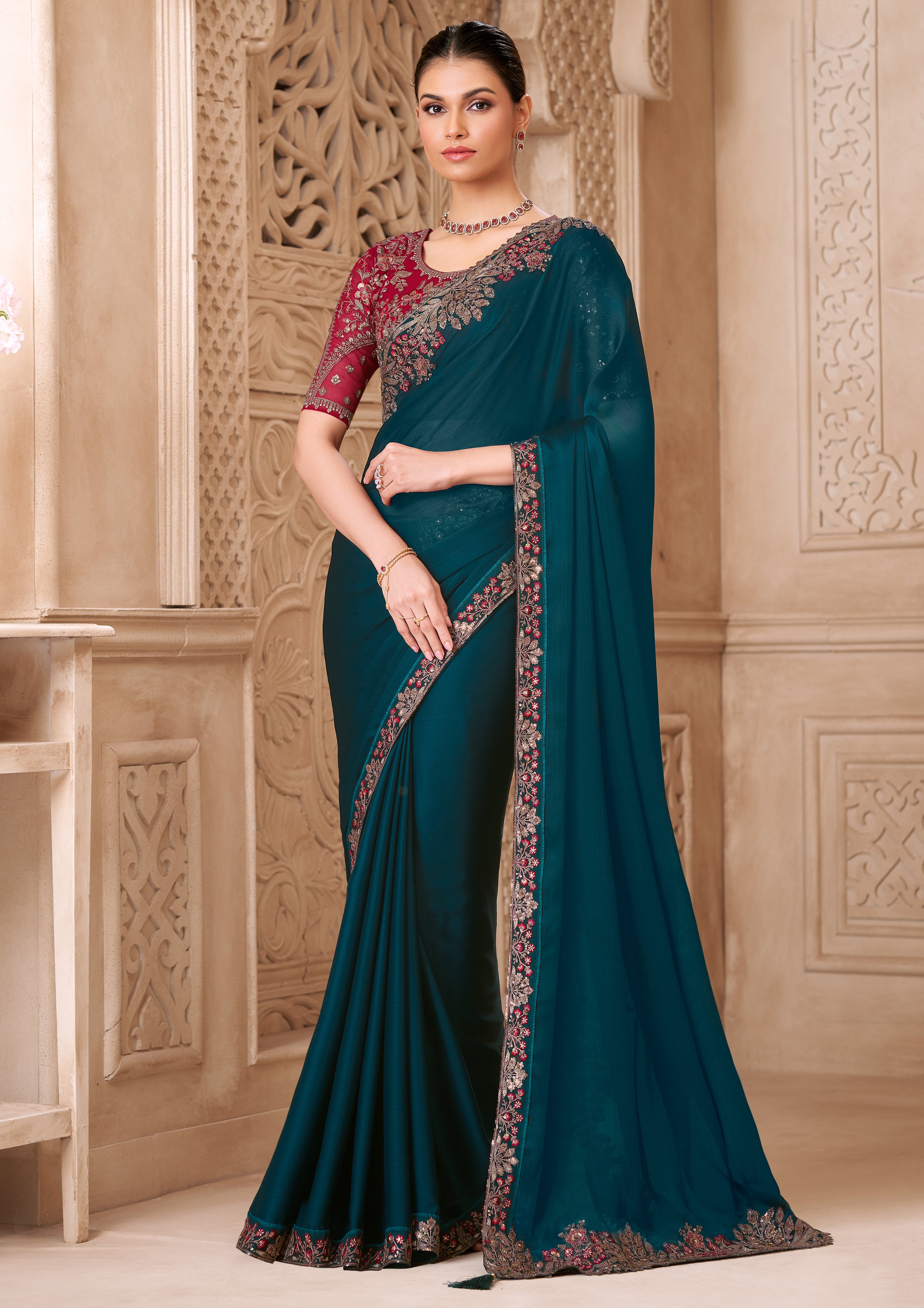 Peacock Blue Saree With Heavy Thread Embroidery Sequins Border Work With Embroidery Blouse