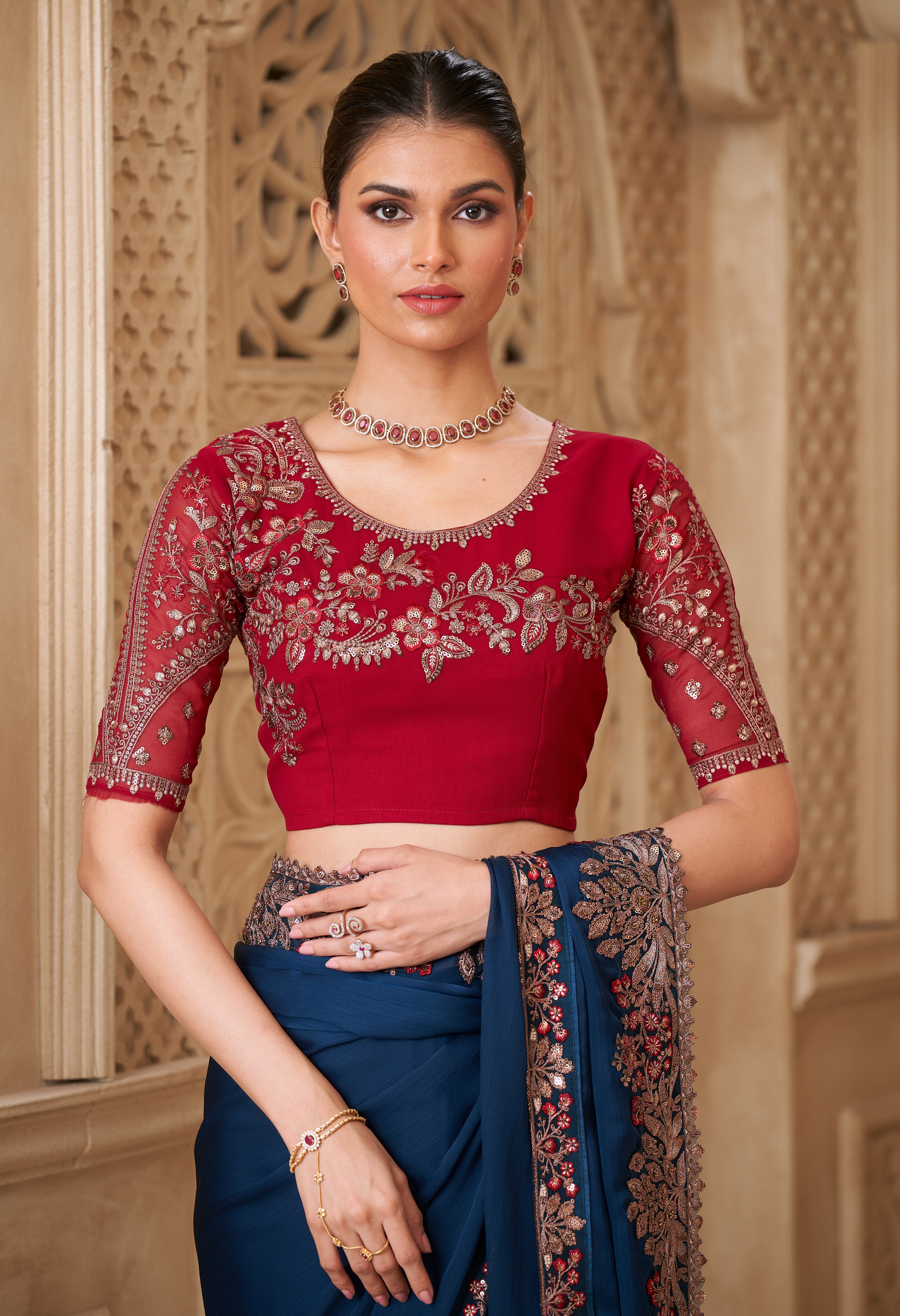 Peacock Blue Saree With Heavy Thread Embroidery Sequins Border Work With Embroidery Blouse