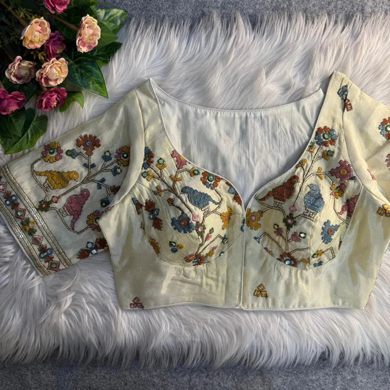 Pearl White Bird Motif Mirror Work Blouse Cosmos Silk Designer Partywear