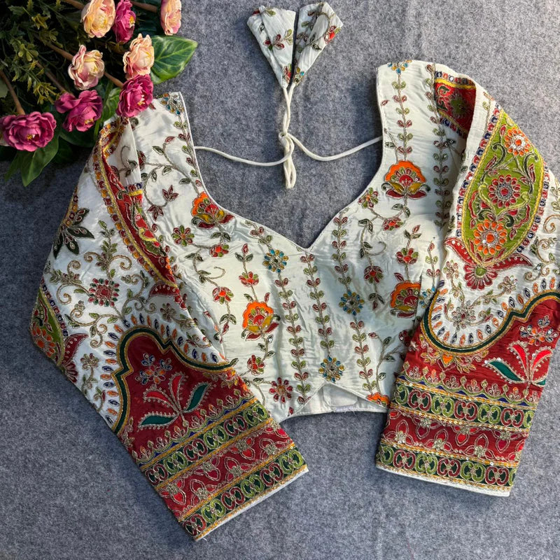 Pearl White Elegant Heavy Position Work Long Sleeve Blouse Pure Crepe Embroidered & Sequined Partywear