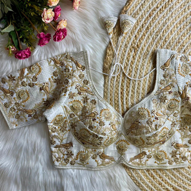 Pearl White Luxury Bird Motif Bridal Blouse Roman Silk Designer Wedding Wear