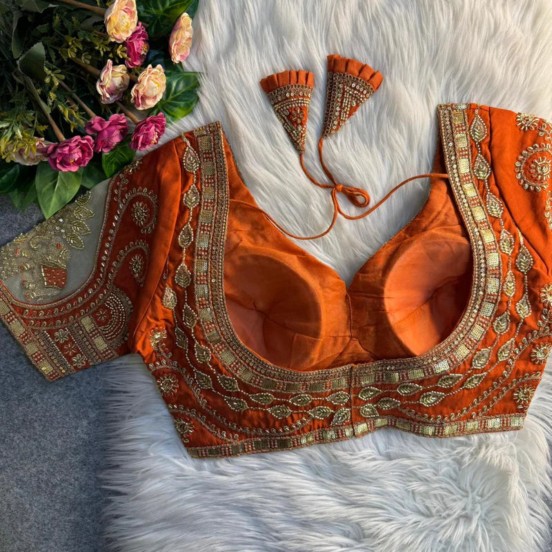 Pearl White Royal Elephant Patch Work Bridal Blouse Roman Silk Heavy Beads & Sequins Designer Wear