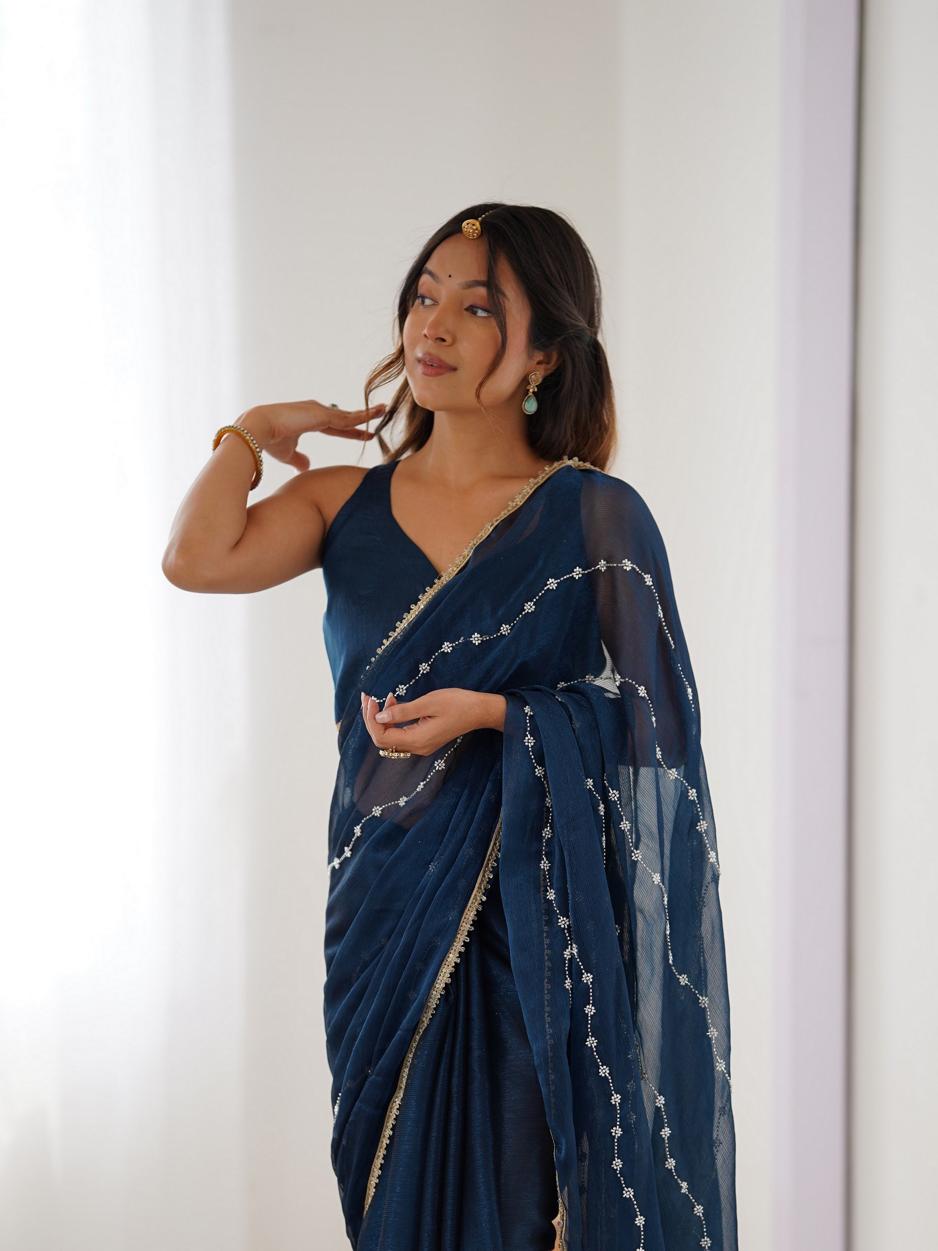 Petrol Designer Beads Work Sitara Chiffon Girlie Ceremonial Saree