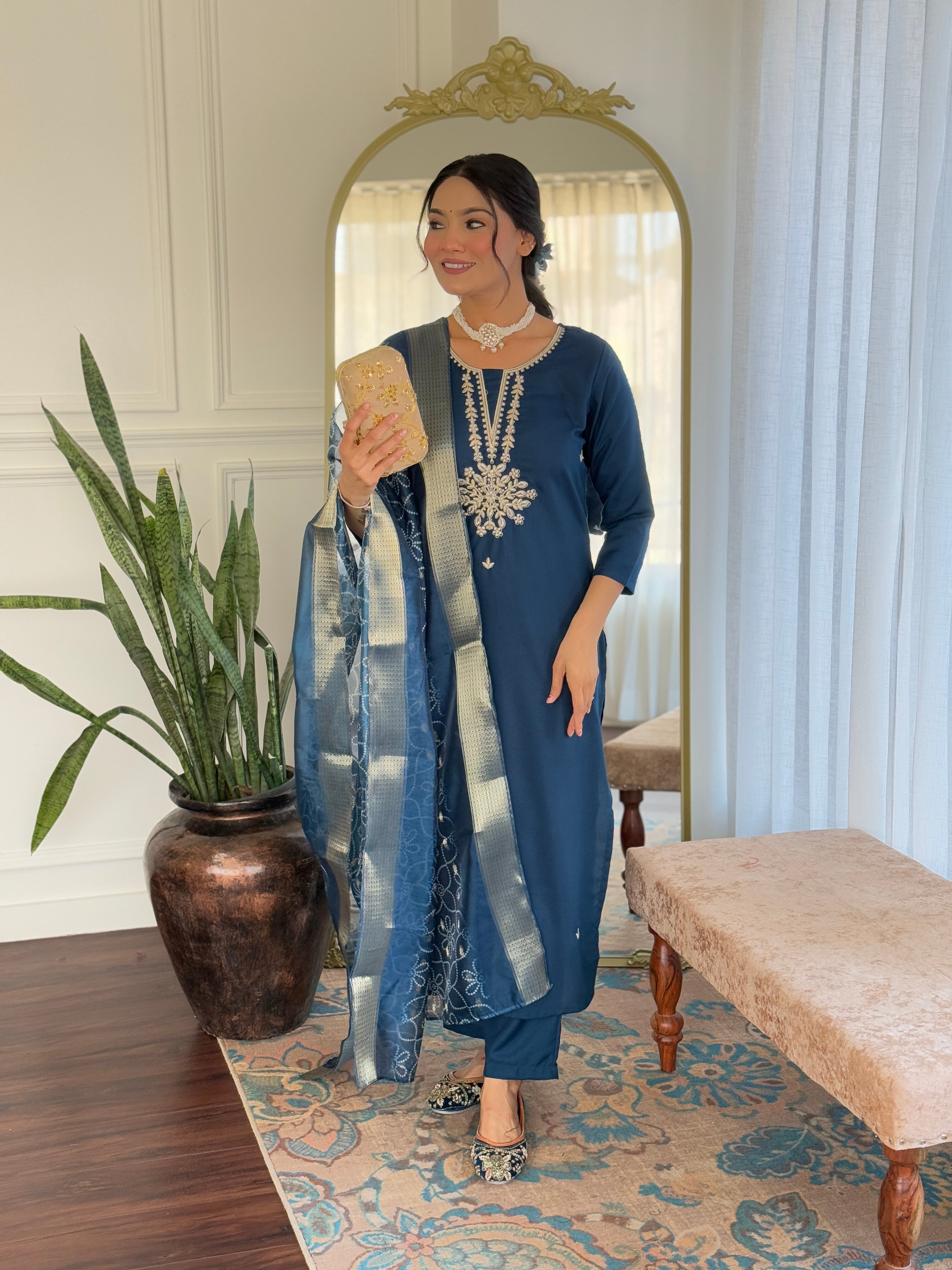 Petrol Rayon Elegant Kurta Pant Set With Embroidery Work