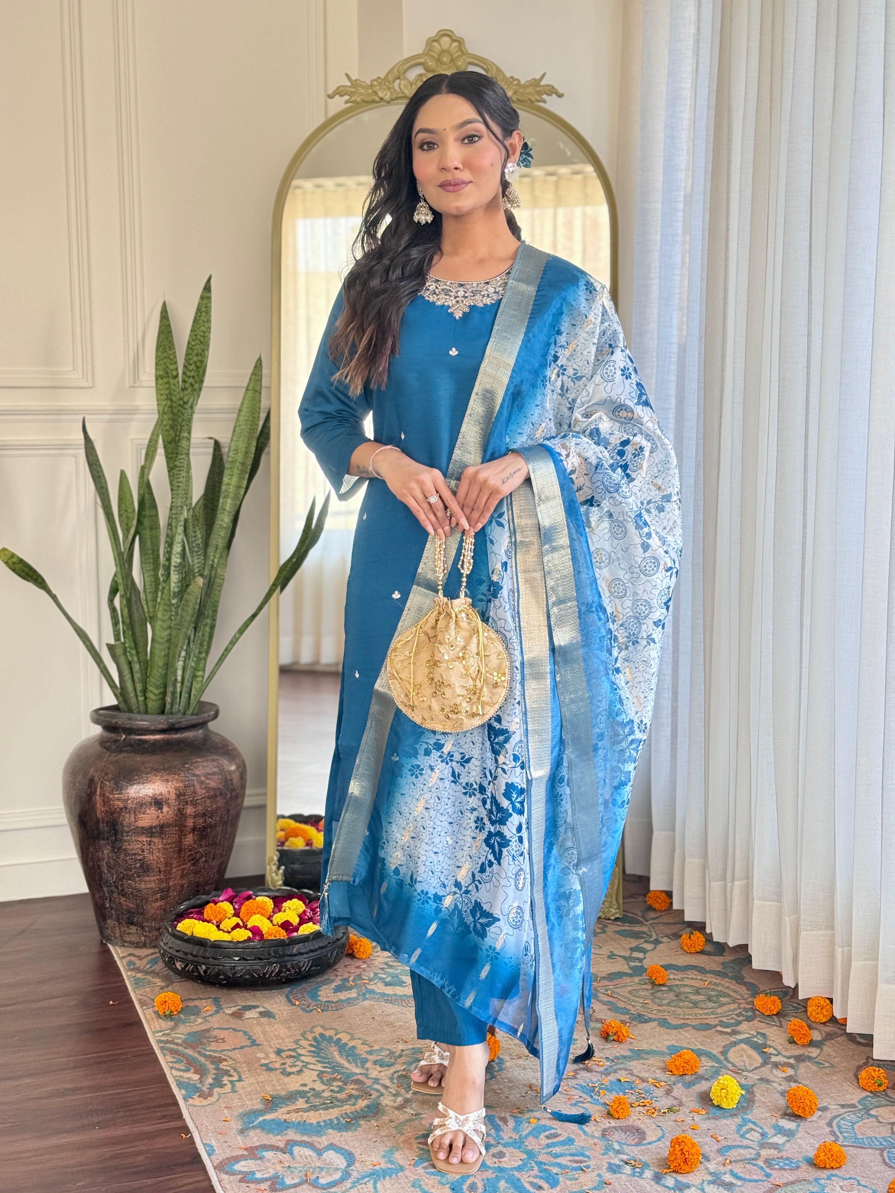 Petrol Roman Silk Elegant Kurta Pant Set With Embroidery Work