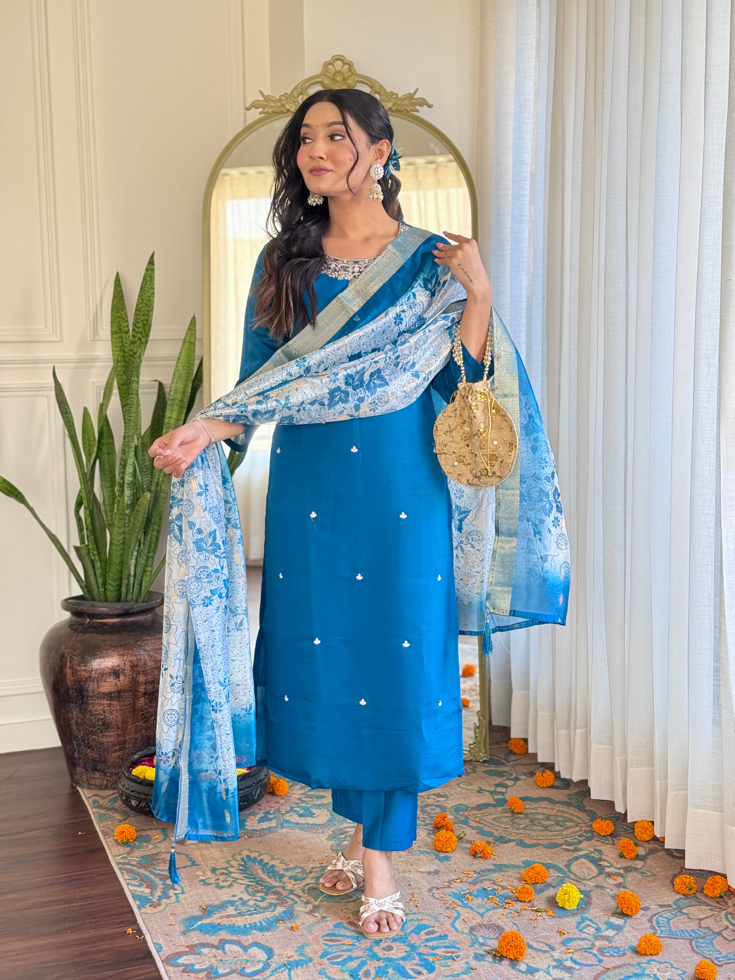 Petrol Roman Silk Elegant Kurta Pant Set With Embroidery Work